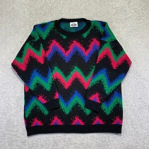 VINTAGE Classic Essentials Sweater L? Multi Color Zig Zag Geometric Knit Acrylic